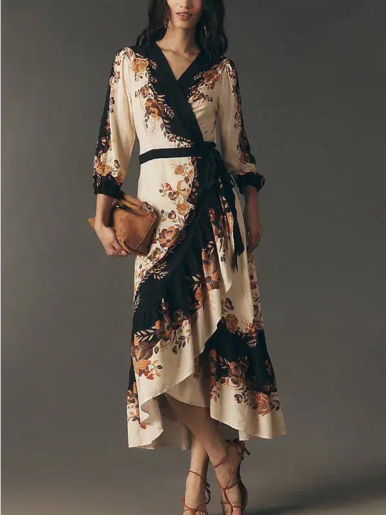 FARM Rio Dresses & Skirts - Farm Rio Long-Sleeve Floral Wrap Midi Dress